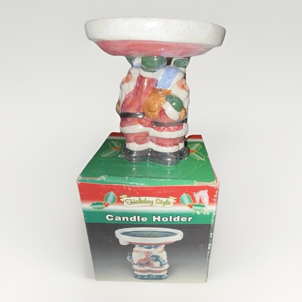 Holiday Style Ceramic Santa Claus Candle Holder Iridescent Green Basin with Box